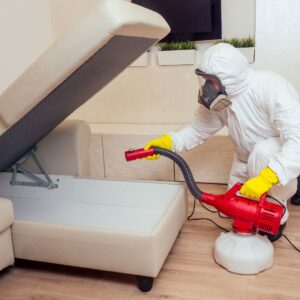 Protective-suited person fumigating a couch with red equipment, emphasizing pest control and safety measures at home.
