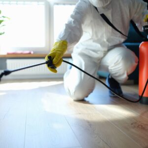 Person in protective gear spraying floor indoors for pest control.