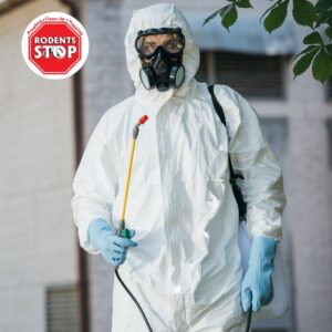 Person in protective gear ready for pest control, holding sprayer. Rodents Stop logo visible.