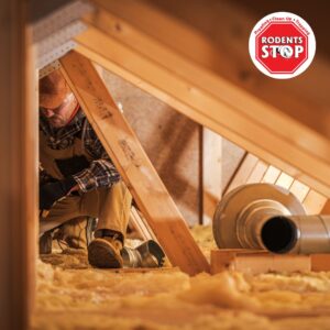 Attic insulation and repair work by a professional, Rodents Stop logo visible, ensuring a pest-free space.